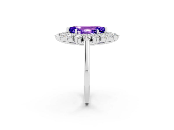 Platinum Marquise Cut Tanzanite Floral Double Halo Engagement Ring with Prong Setting