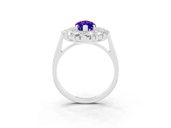 Silver Marquise Cut Tanzanite Floral Double Halo Engagement Ring with Prong Setting