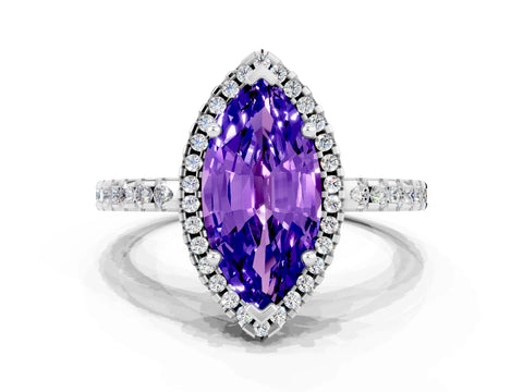 White gold Marquise Cut Tanzanite Halo Engagement Ring with Pavé Band and Prong Setting_12