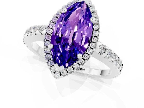 Platinum Marquise Cut Tanzanite Halo Engagement Ring with Pavé Band and Prong Setting