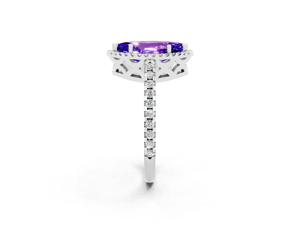 Silver Marquise Cut Tanzanite Halo Engagement Ring with Pavé Band and Prong Setting