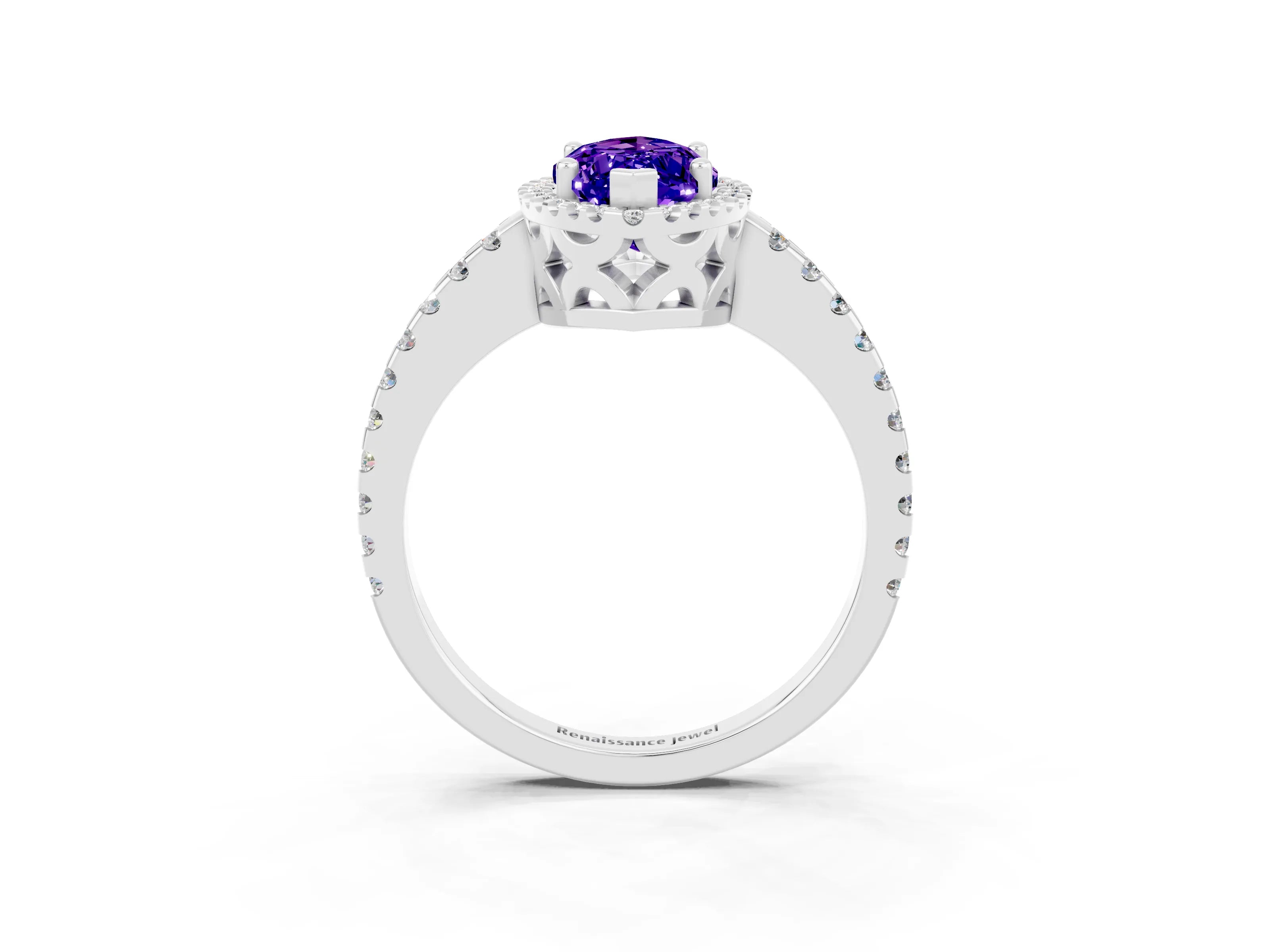 White gold Marquise Cut Tanzanite Halo Engagement Ring with Pavé Band and Prong Setting_15