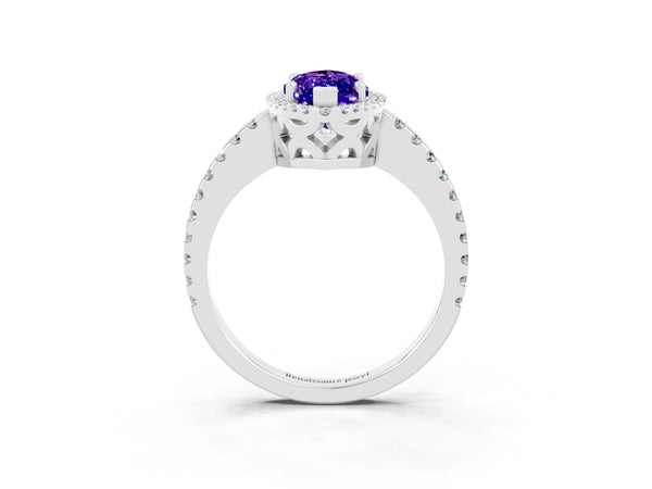 White gold Marquise Cut Tanzanite Halo Engagement Ring with Pavé Band and Prong Setting