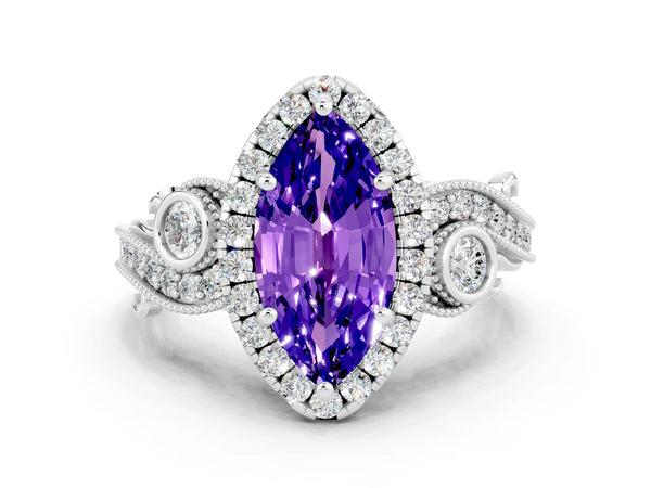Platinum Marquise Cut Tanzanite Halo Ring with Milgrain Pavé Band and Four-Prong Setting