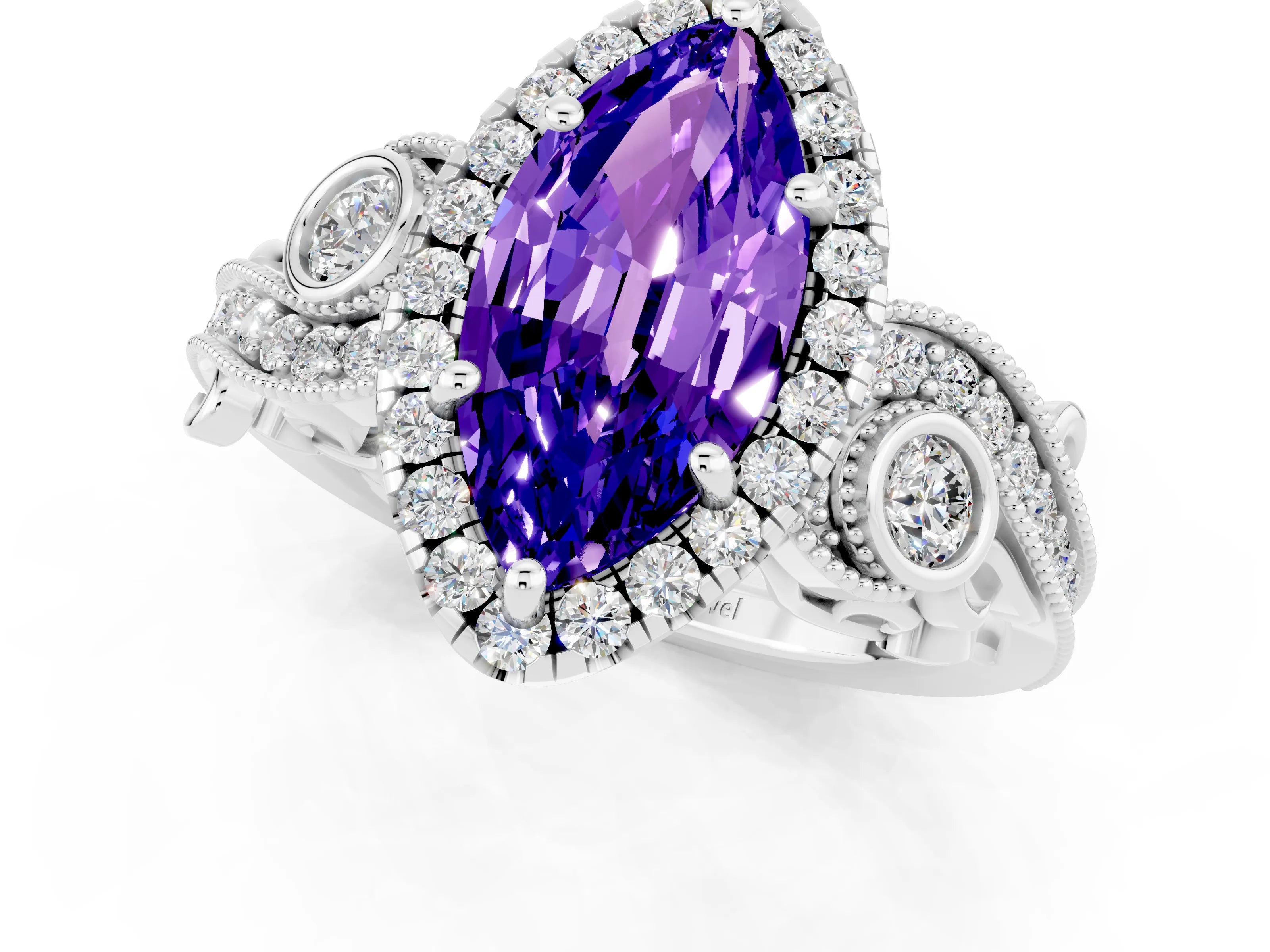White gold Marquise Cut Tanzanite Halo Ring with Milgrain Pavé Band and Four-Prong Setting_37