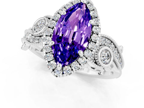White gold Marquise Cut Tanzanite Halo Ring with Milgrain Pavé Band and Four-Prong Setting_37