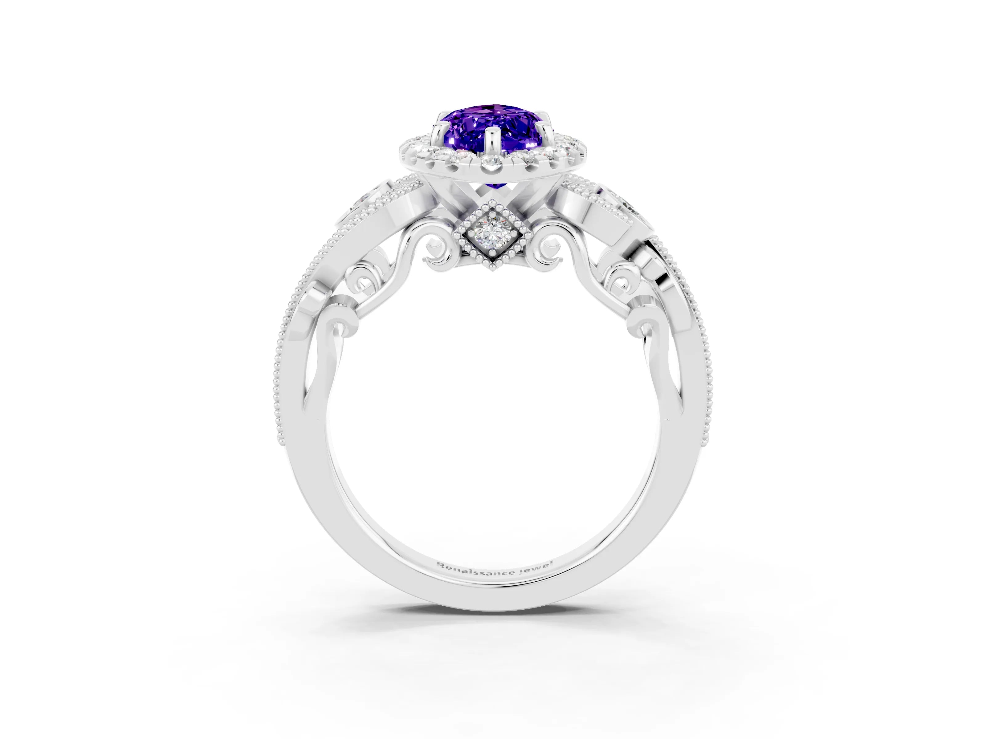White gold Marquise Cut Tanzanite Halo Ring with Milgrain Pavé Band and Four-Prong Setting_39