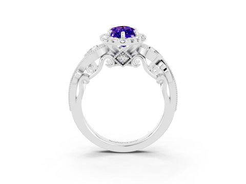 White gold Marquise Cut Tanzanite Halo Ring with Milgrain Pavé Band and Four-Prong Setting_39