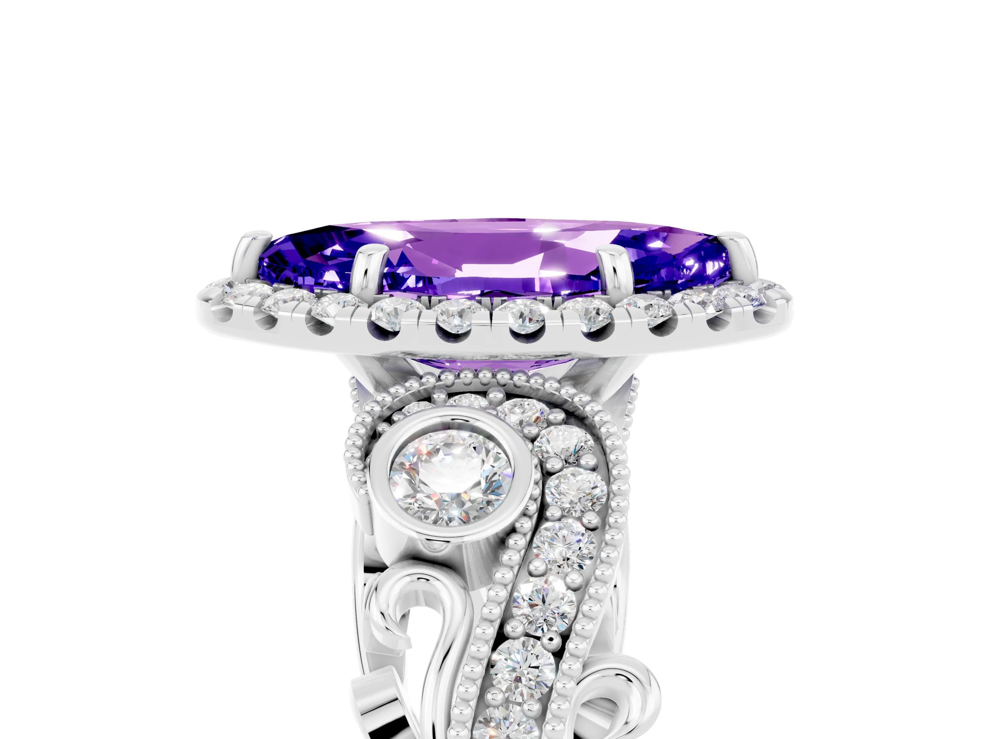 White gold Marquise Cut Tanzanite Halo Ring with Milgrain Pavé Band and Four-Prong Setting_41