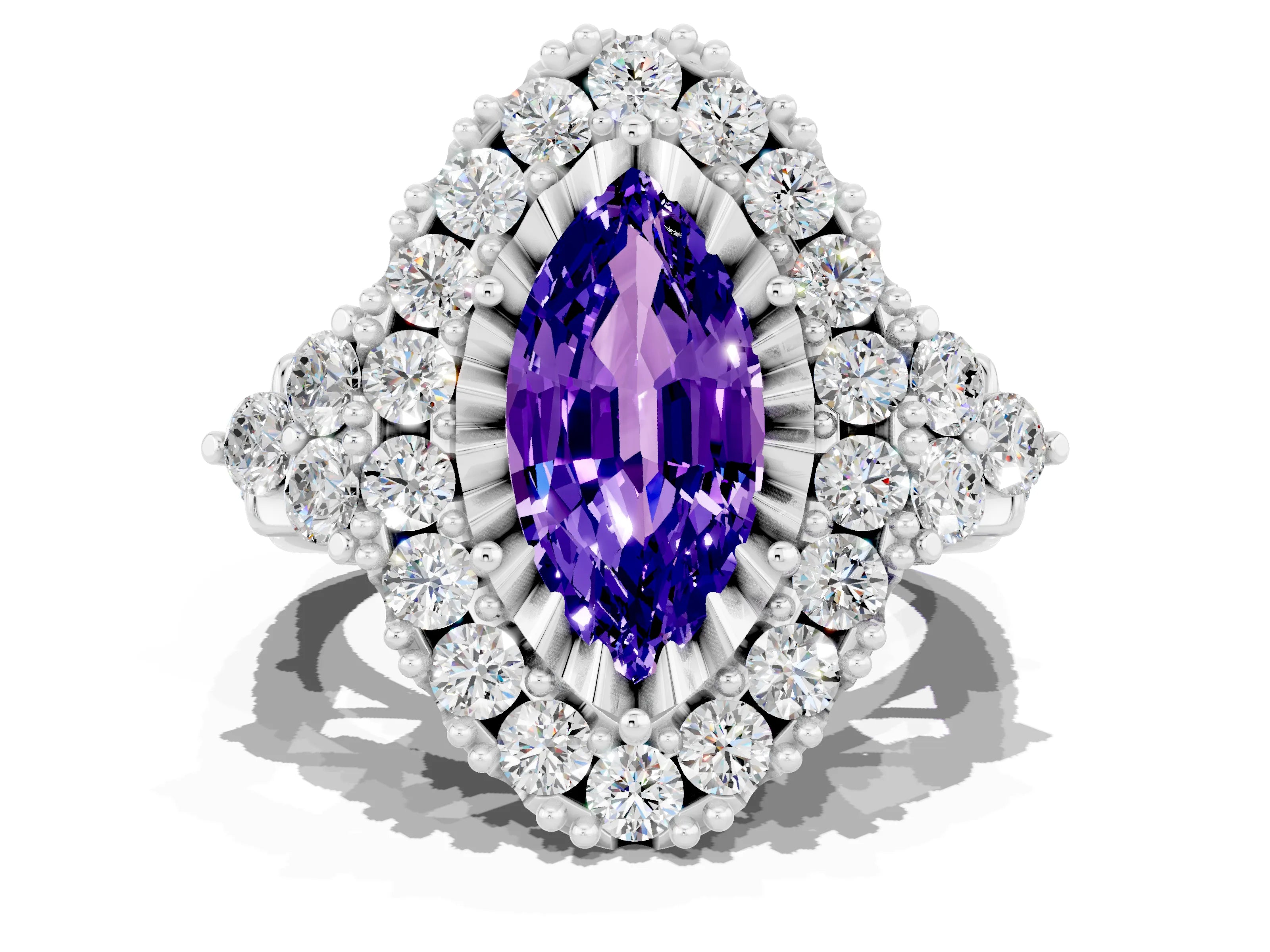 White gold Marquise Cut Tanzanite Halo Ring with Pavé Band and Four-Prong Setting_12