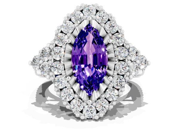 Silver Marquise Cut Tanzanite Halo Ring with Pavé Band and Four-Prong Setting