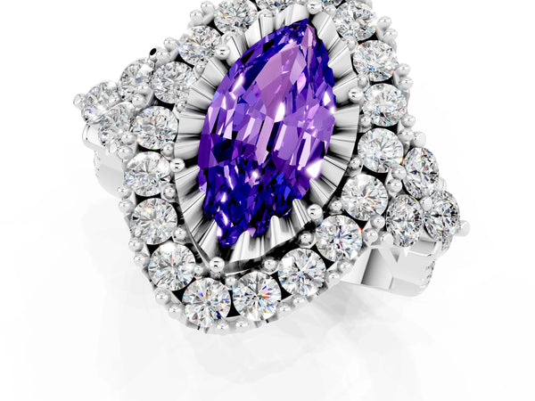 White gold Marquise Cut Tanzanite Halo Ring with Pavé Band and Four-Prong Setting