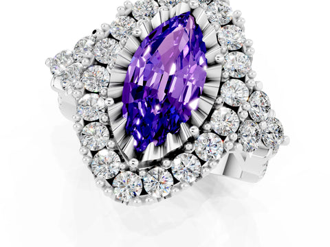 White gold Marquise Cut Tanzanite Halo Ring with Pavé Band and Four-Prong Setting_13