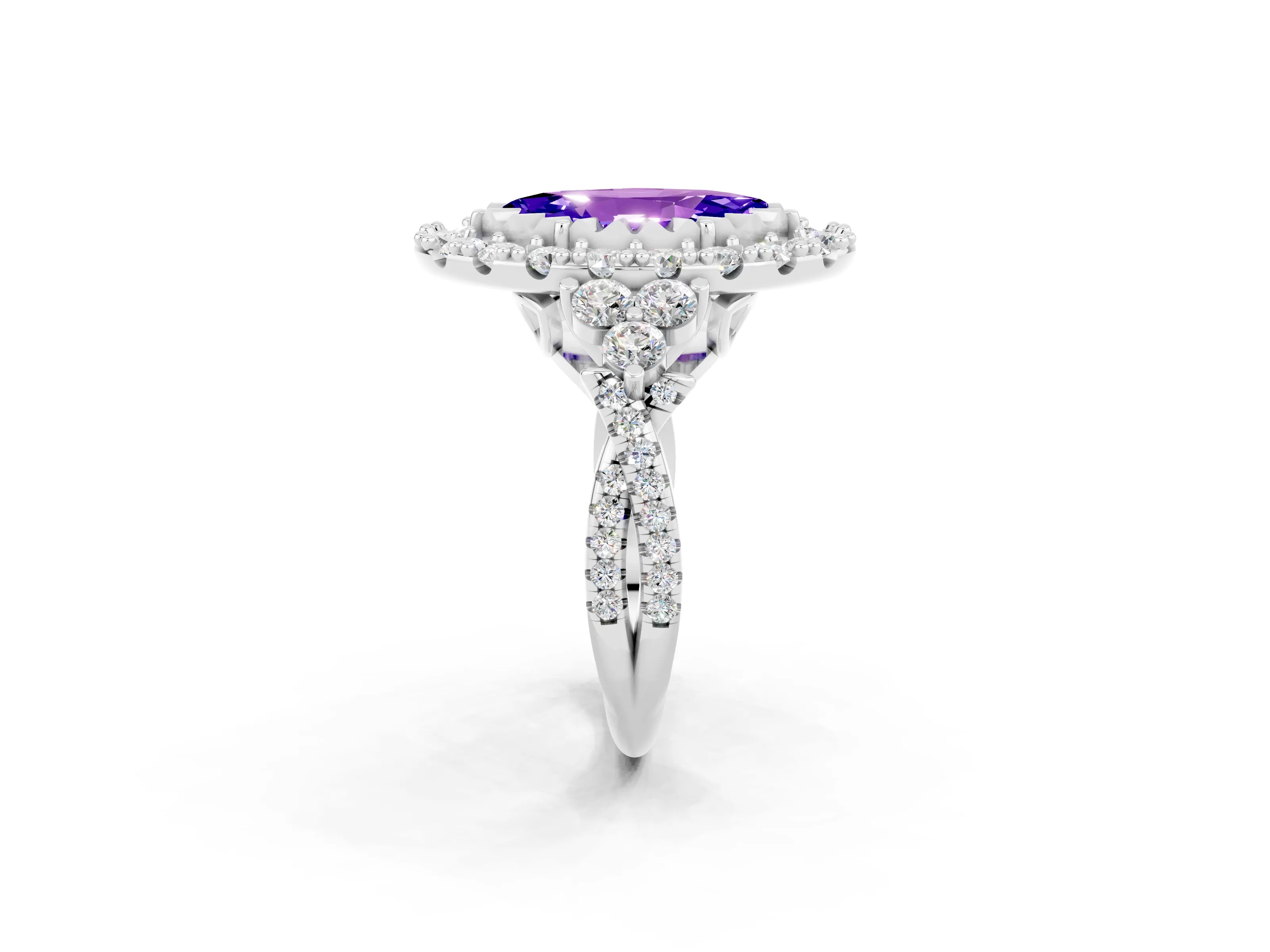 White gold Marquise Cut Tanzanite Halo Ring with Pavé Band and Four-Prong Setting_14