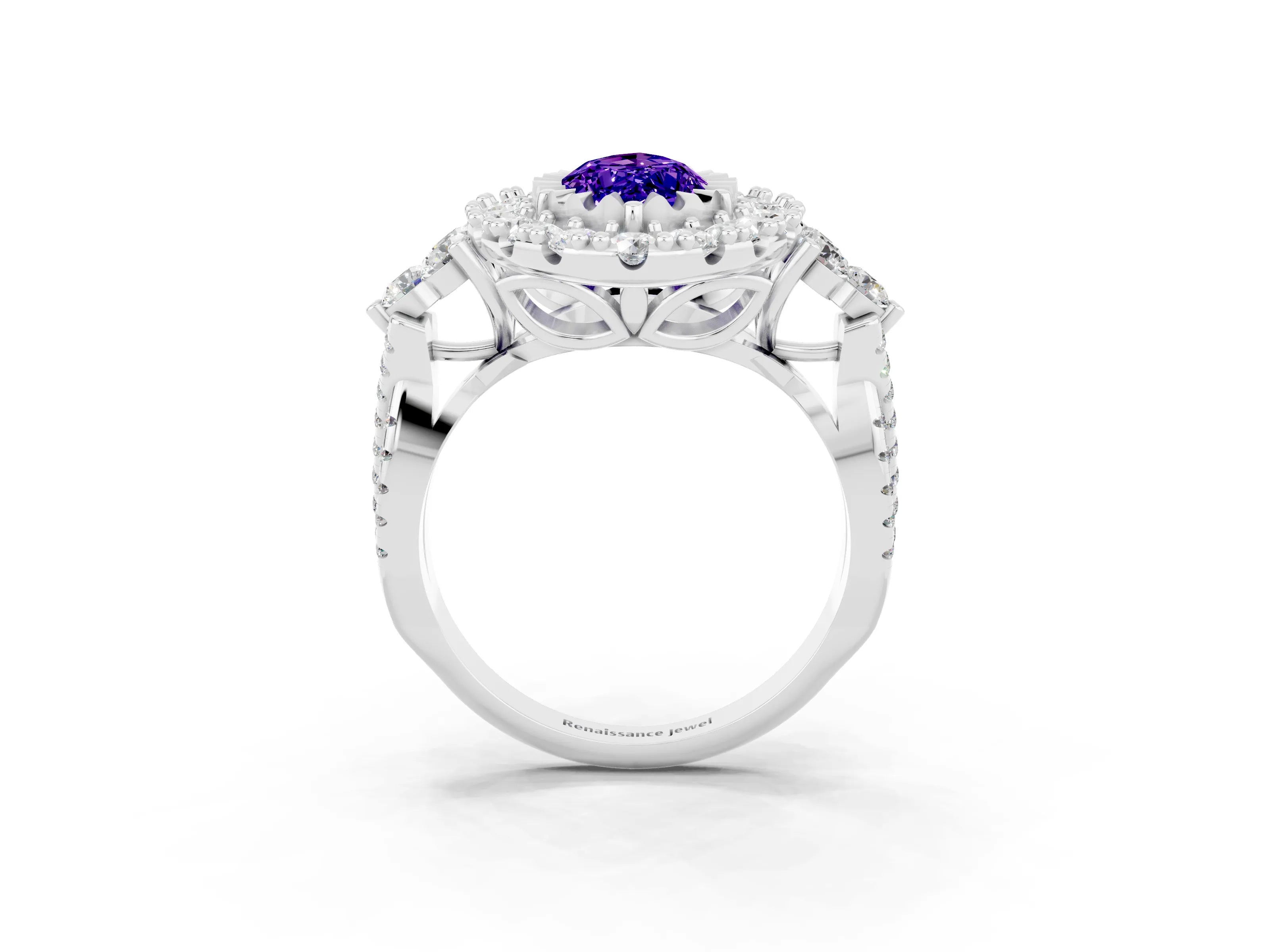 White gold Marquise Cut Tanzanite Halo Ring with Pavé Band and Four-Prong Setting_15