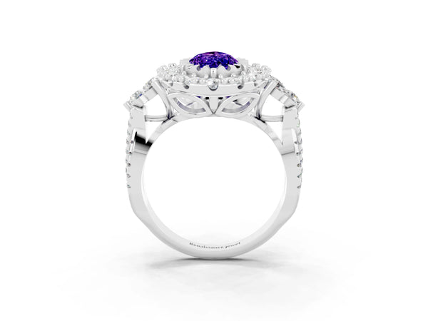 Platinum Marquise Cut Tanzanite Halo Ring with Pavé Band and Four-Prong Setting