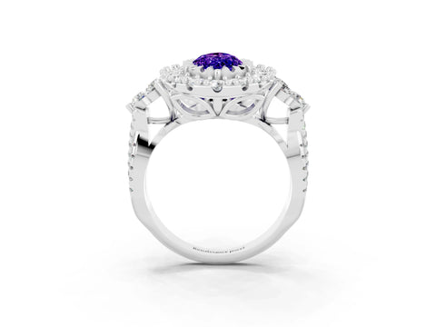 White gold Marquise Cut Tanzanite Halo Ring with Pavé Band and Four-Prong Setting_15