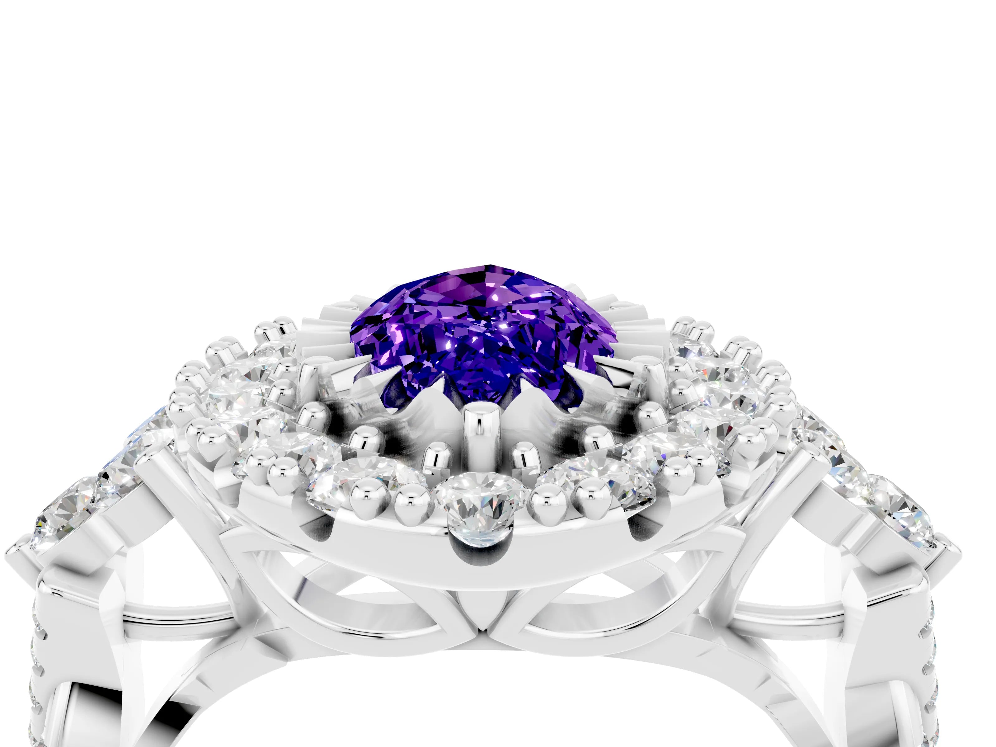 White gold Marquise Cut Tanzanite Halo Ring with Pavé Band and Four-Prong Setting_16