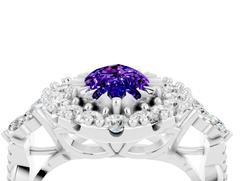 White gold Marquise Cut Tanzanite Halo Ring with Pavé Band and Four-Prong Setting_16