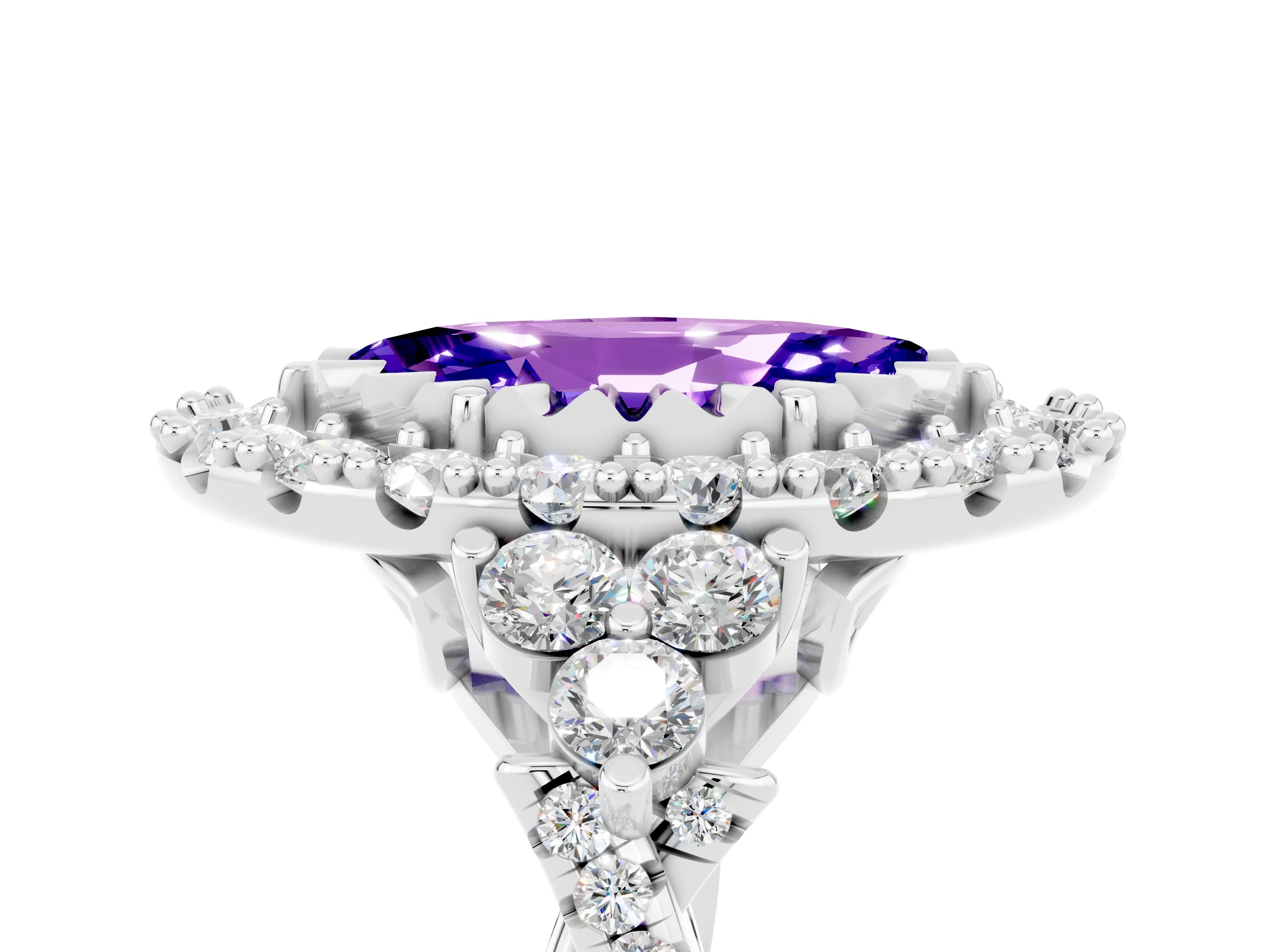 White gold Marquise Cut Tanzanite Halo Ring with Pavé Band and Four-Prong Setting_17