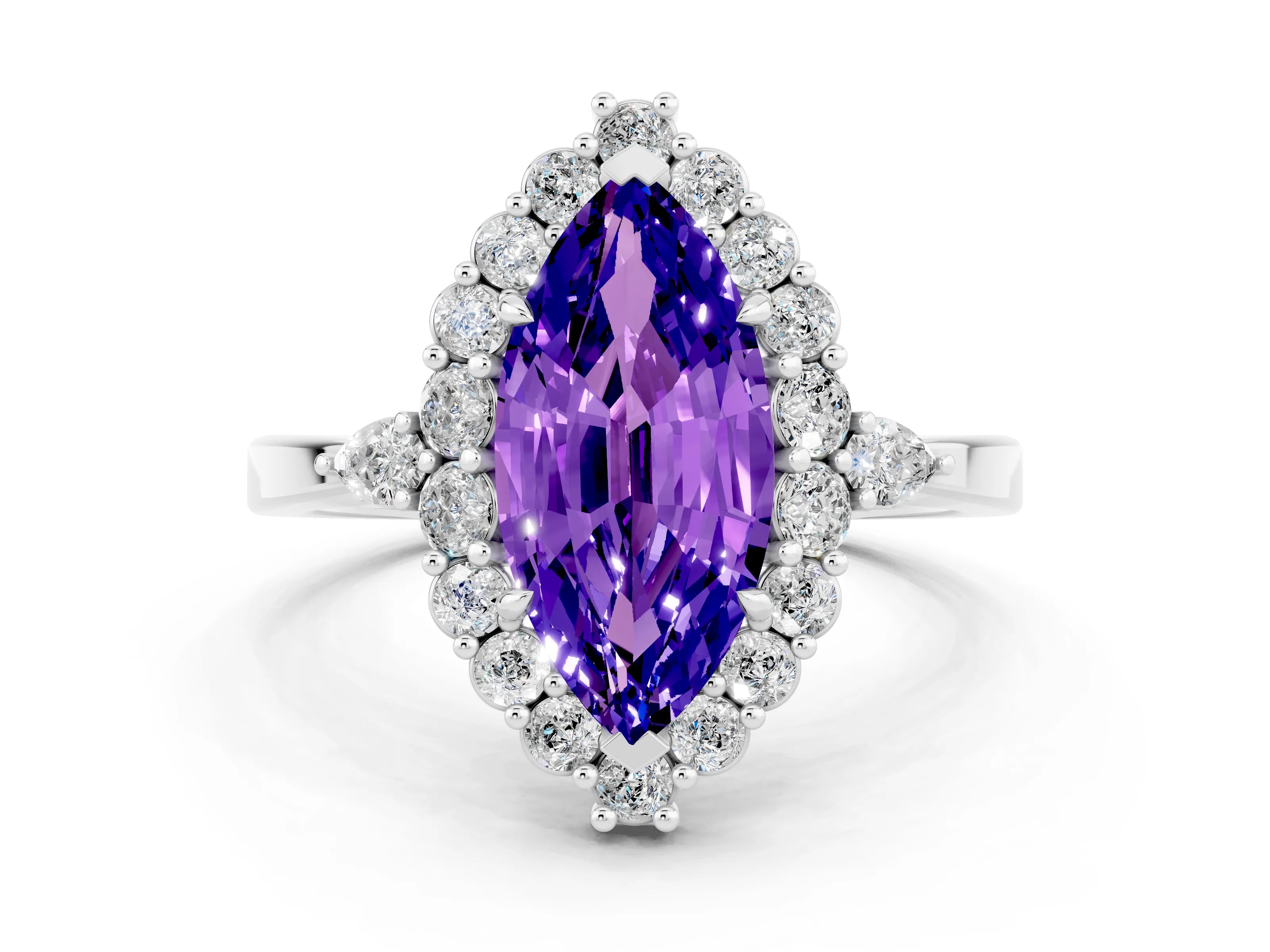 White gold Marquise Cut Tanzanite Halo Ring with Pear Side Stones and Prong Setting_24