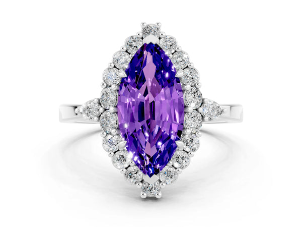 Silver Marquise Cut Tanzanite Halo Ring with Pear Side Stones and Prong Setting