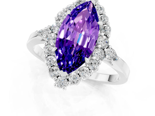Silver Marquise Cut Tanzanite Halo Ring with Pear Side Stones and Prong Setting