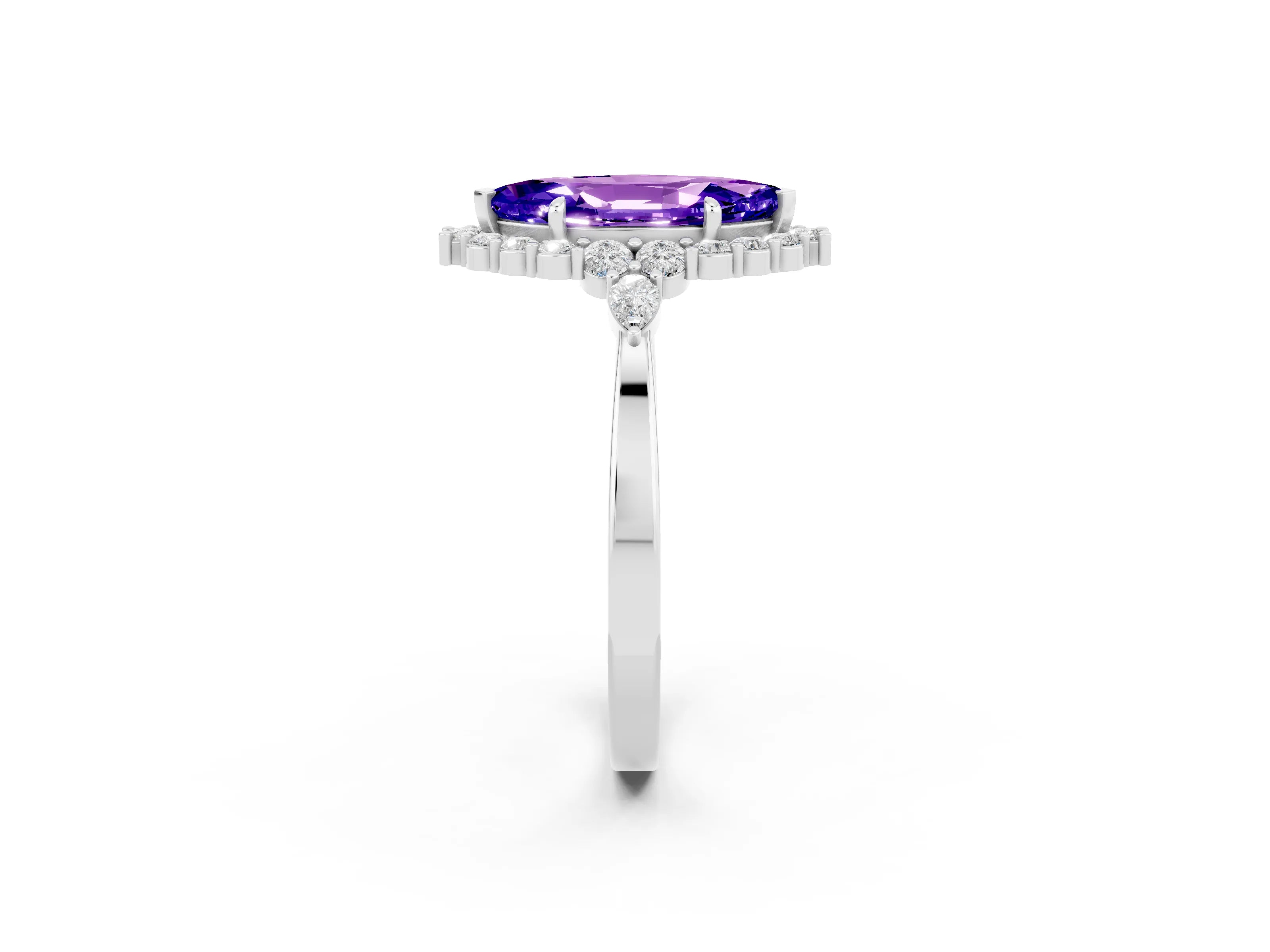 White gold Marquise Cut Tanzanite Halo Ring with Pear Side Stones and Prong Setting_26