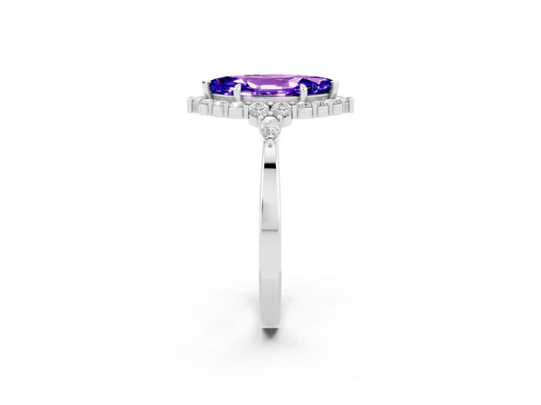 Silver Marquise Cut Tanzanite Halo Ring with Pear Side Stones and Prong Setting