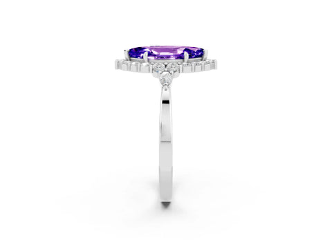White gold Marquise Cut Tanzanite Halo Ring with Pear Side Stones and Prong Setting_26