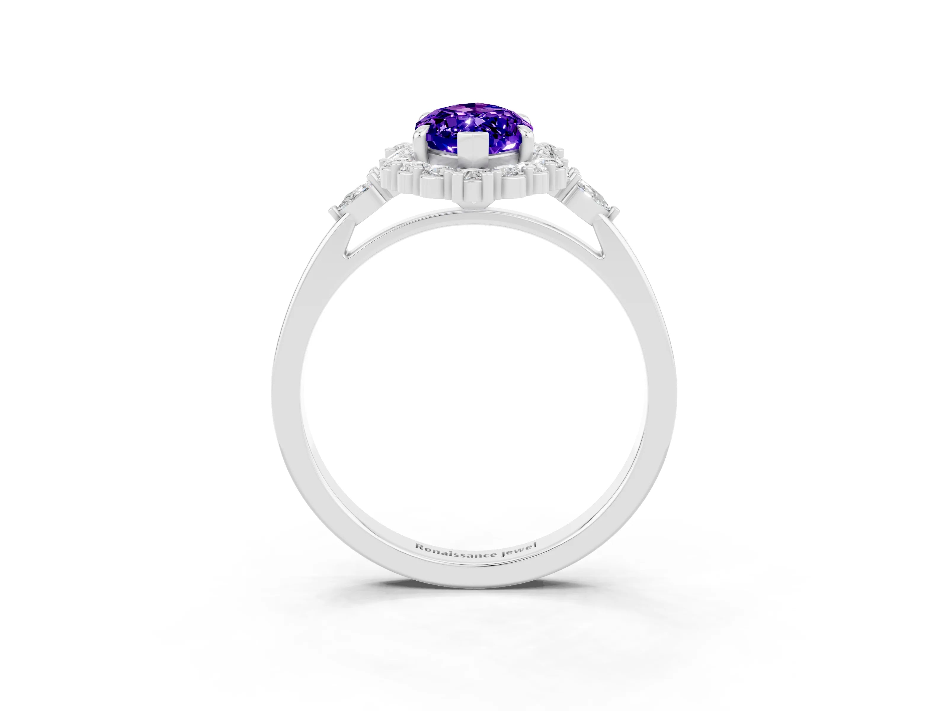 White gold Marquise Cut Tanzanite Halo Ring with Pear Side Stones and Prong Setting_27