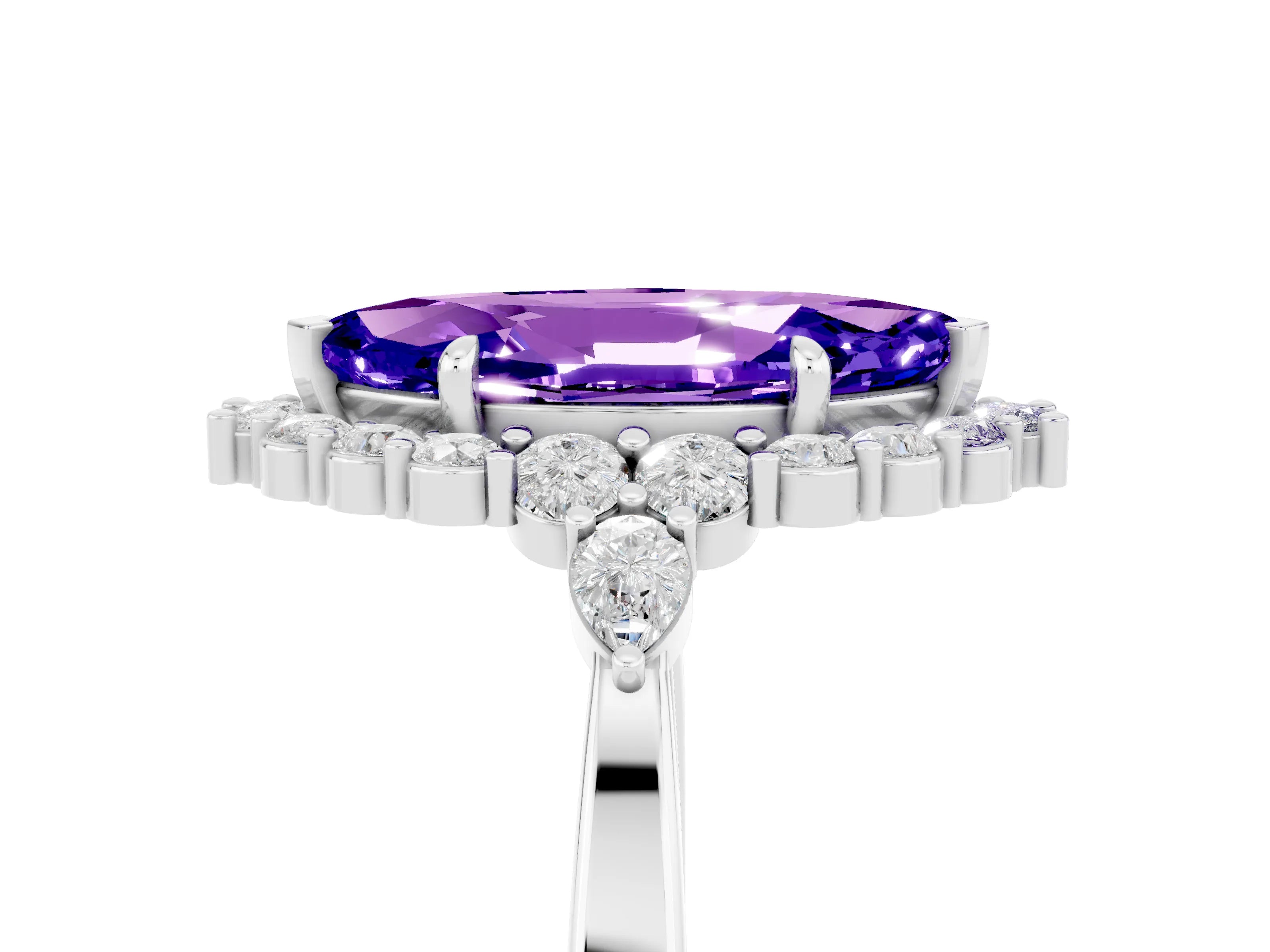 White gold Marquise Cut Tanzanite Halo Ring with Pear Side Stones and Prong Setting_29