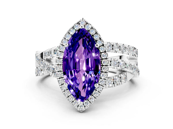 White gold Marquise Cut Tanzanite Halo Ring with Round Split Shank and Prong Setting