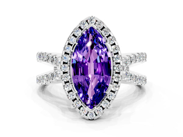 Platinum Marquise Cut Tanzanite Halo Ring with Split Shank Pavé Band and Prong Setting