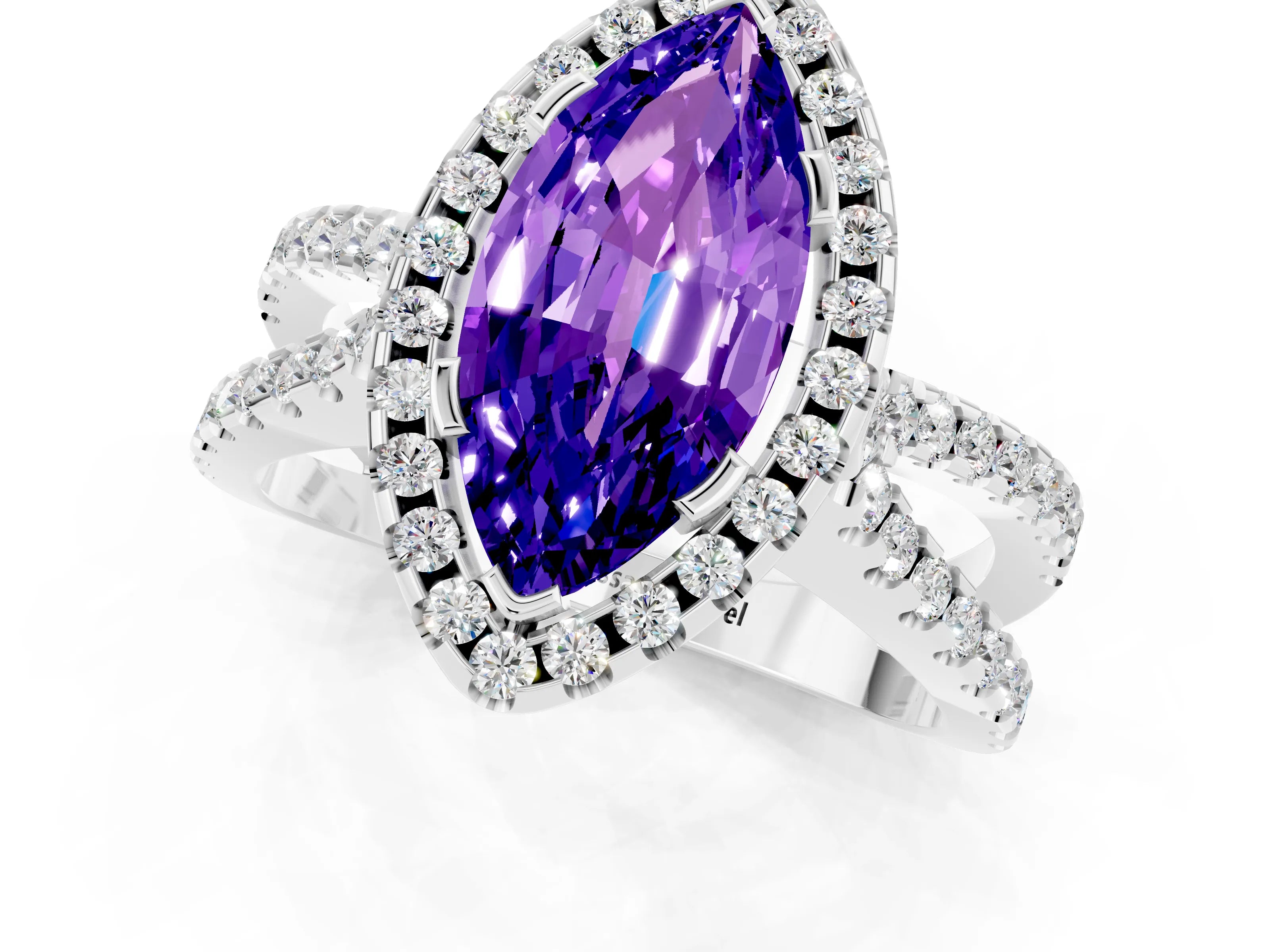 White gold Marquise Cut Tanzanite Halo Ring with Split Shank Pavé Band and Prong Setting_1