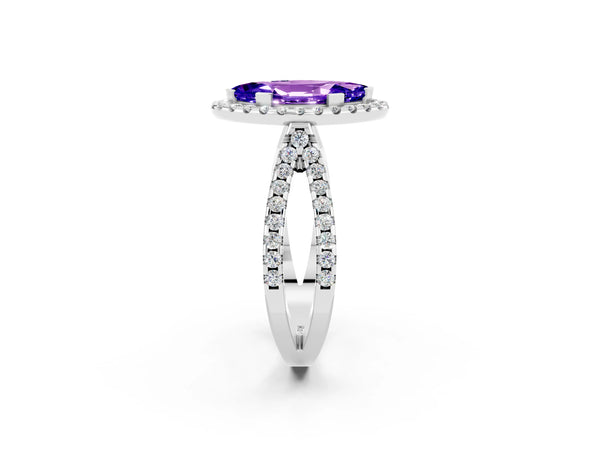 White gold Marquise Cut Tanzanite Halo Ring with Split Shank Pavé Band and Prong Setting