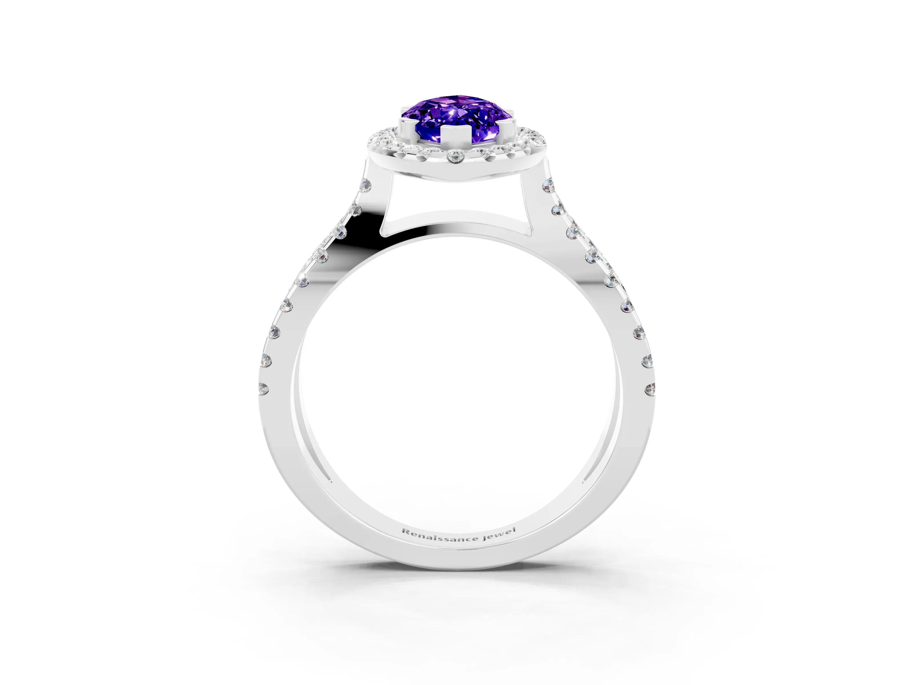 White gold Marquise Cut Tanzanite Halo Ring with Split Shank Pavé Band and Prong Setting_3