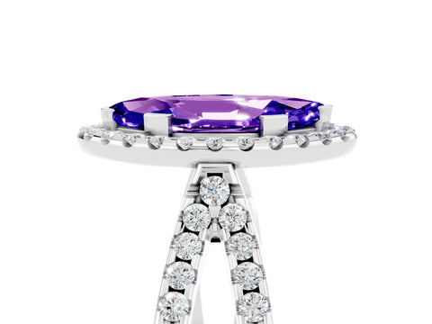 White gold Marquise Cut Tanzanite Halo Ring with Split Shank Pavé Band and Prong Setting_5