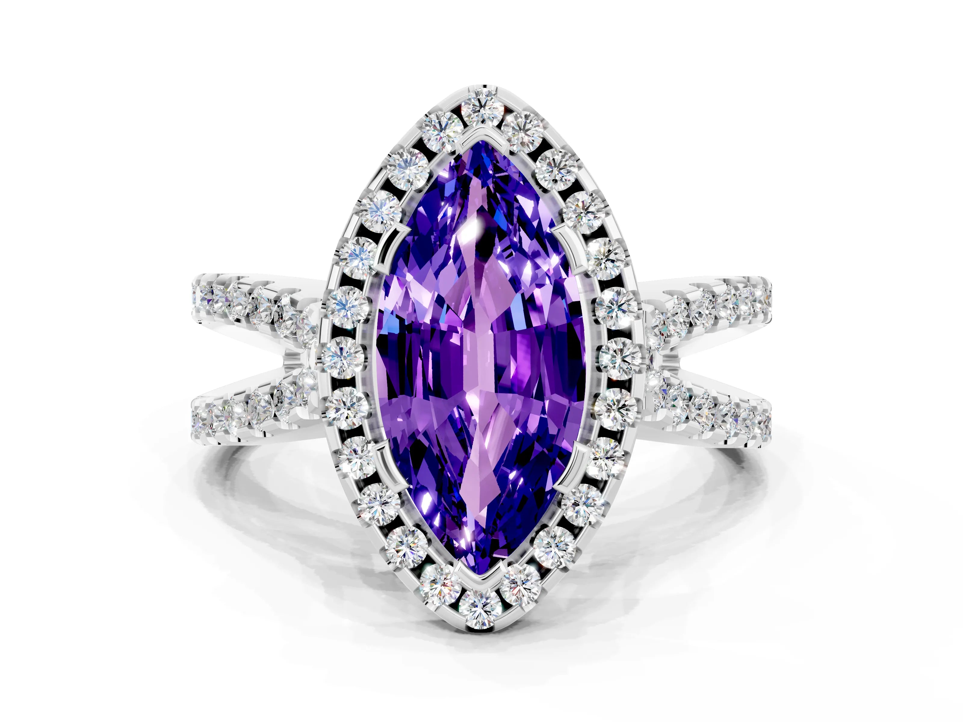 White gold Marquise Cut Tanzanite Halo Ring with Split Shank Pavé Band and Prong Setting