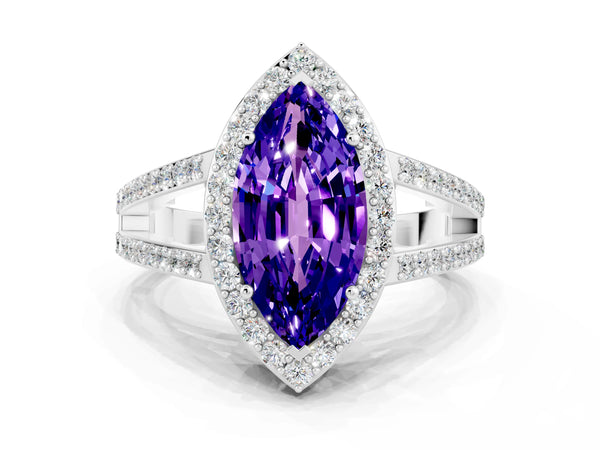Platinum Marquise Cut Tanzanite Halo Ring with Split Shank U-Prong Band and Four-Prong Setting