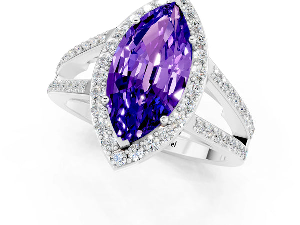 Silver Marquise Cut Tanzanite Halo Ring with Split Shank U-Prong Band and Four-Prong Setting