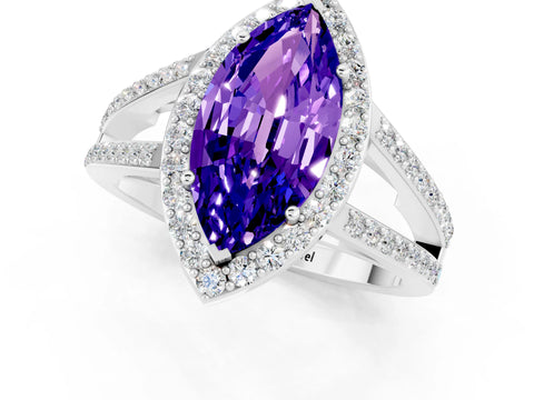 White gold Marquise Cut Tanzanite Halo Ring with Split Shank U-Prong Band and Four-Prong Setting_1