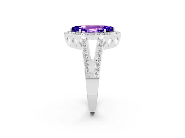 Platinum Marquise Cut Tanzanite Halo Ring with Split Shank U-Prong Band and Four-Prong Setting