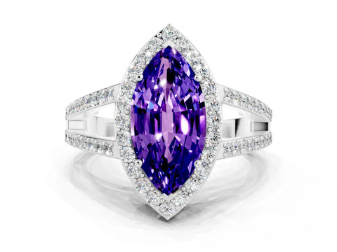 White gold Marquise Cut Tanzanite Halo Ring with Split Shank U-Prong Band and Four-Prong Setting