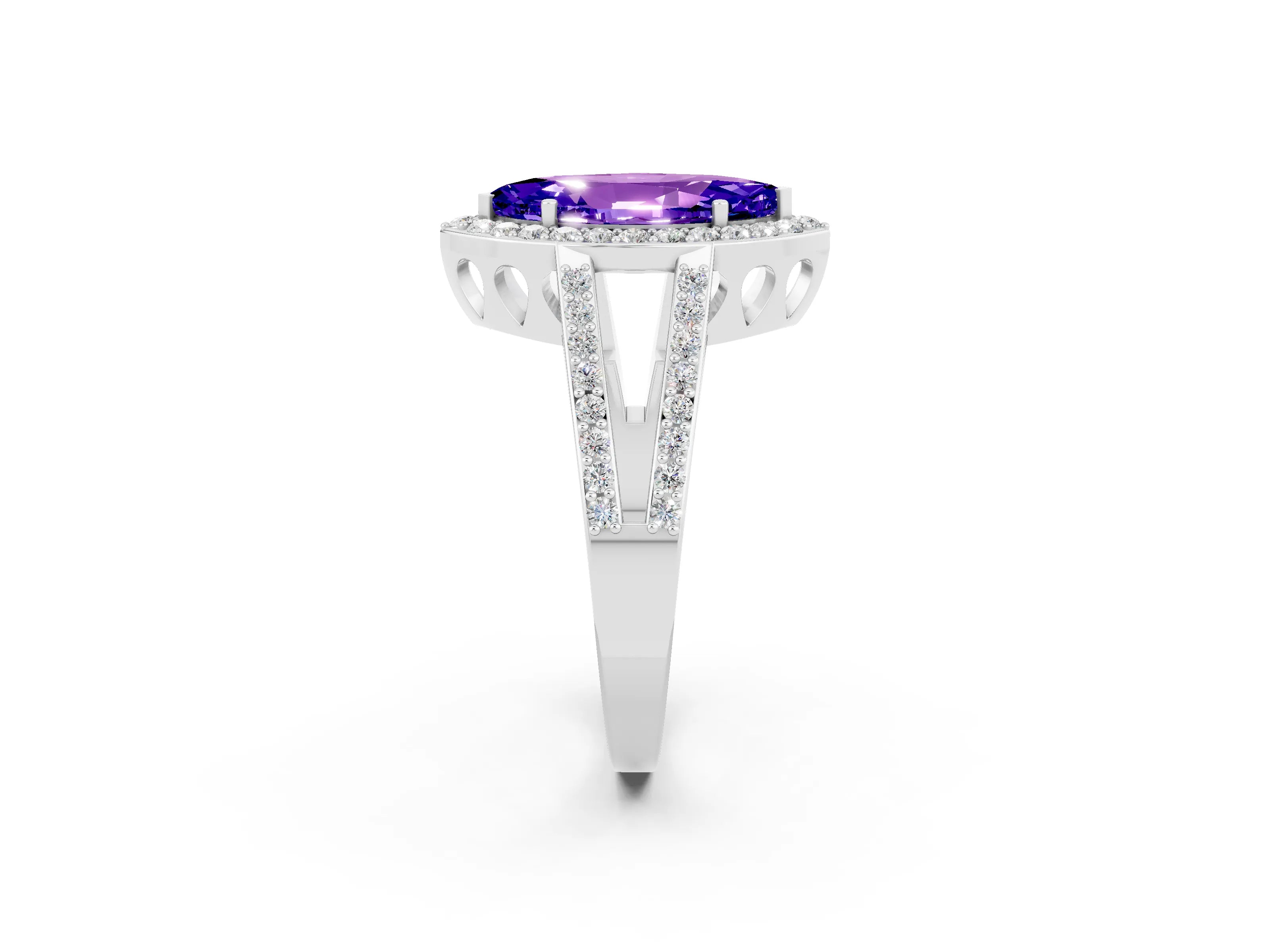 White gold Marquise Cut Tanzanite Halo Ring with Split Shank U-Prong Band and Four-Prong Setting_2