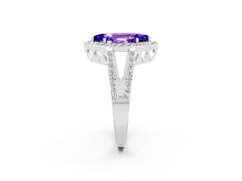 White gold Marquise Cut Tanzanite Halo Ring with Split Shank U-Prong Band and Four-Prong Setting_2