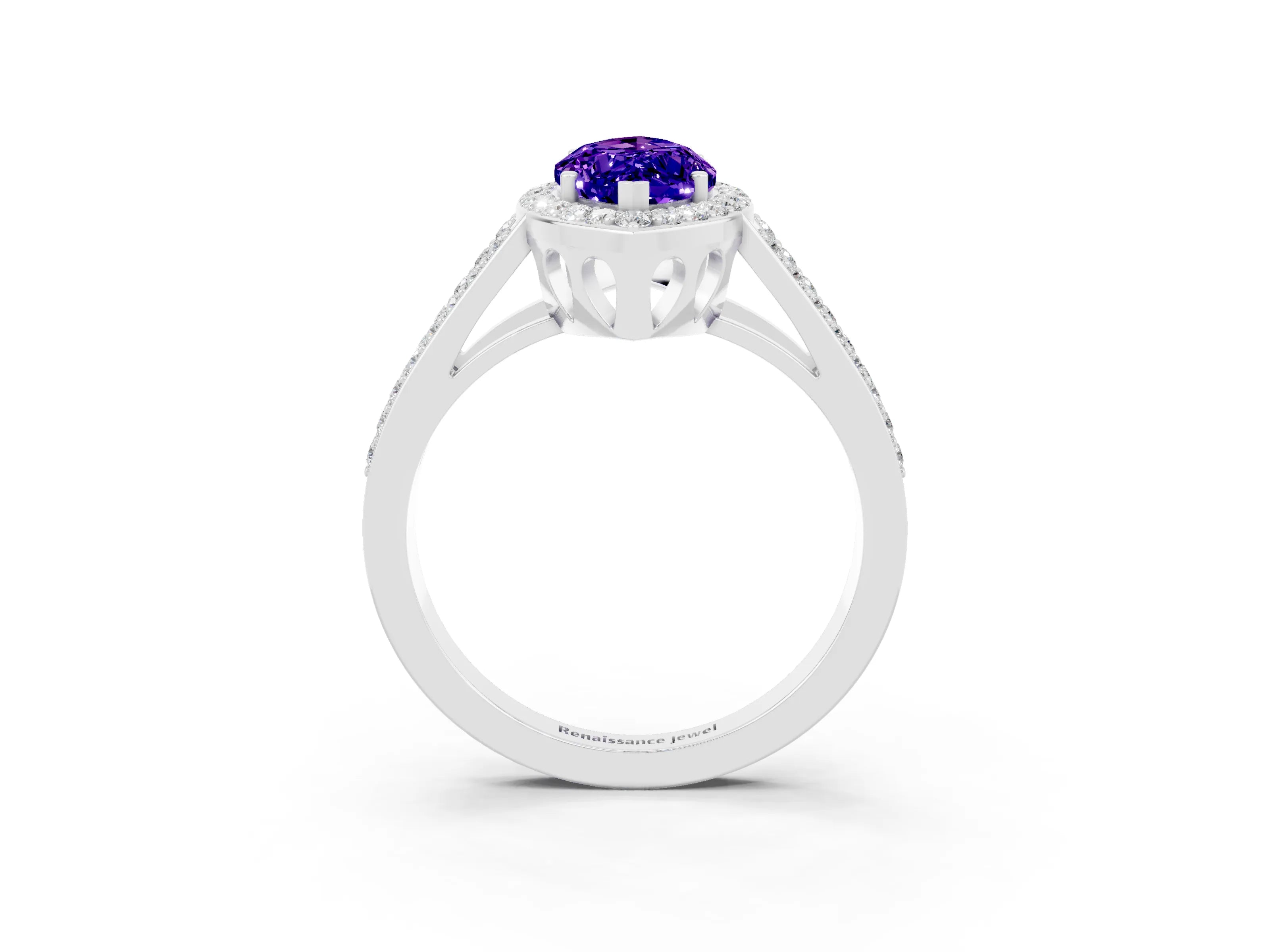 White gold Marquise Cut Tanzanite Halo Ring with Split Shank U-Prong Band and Four-Prong Setting_3
