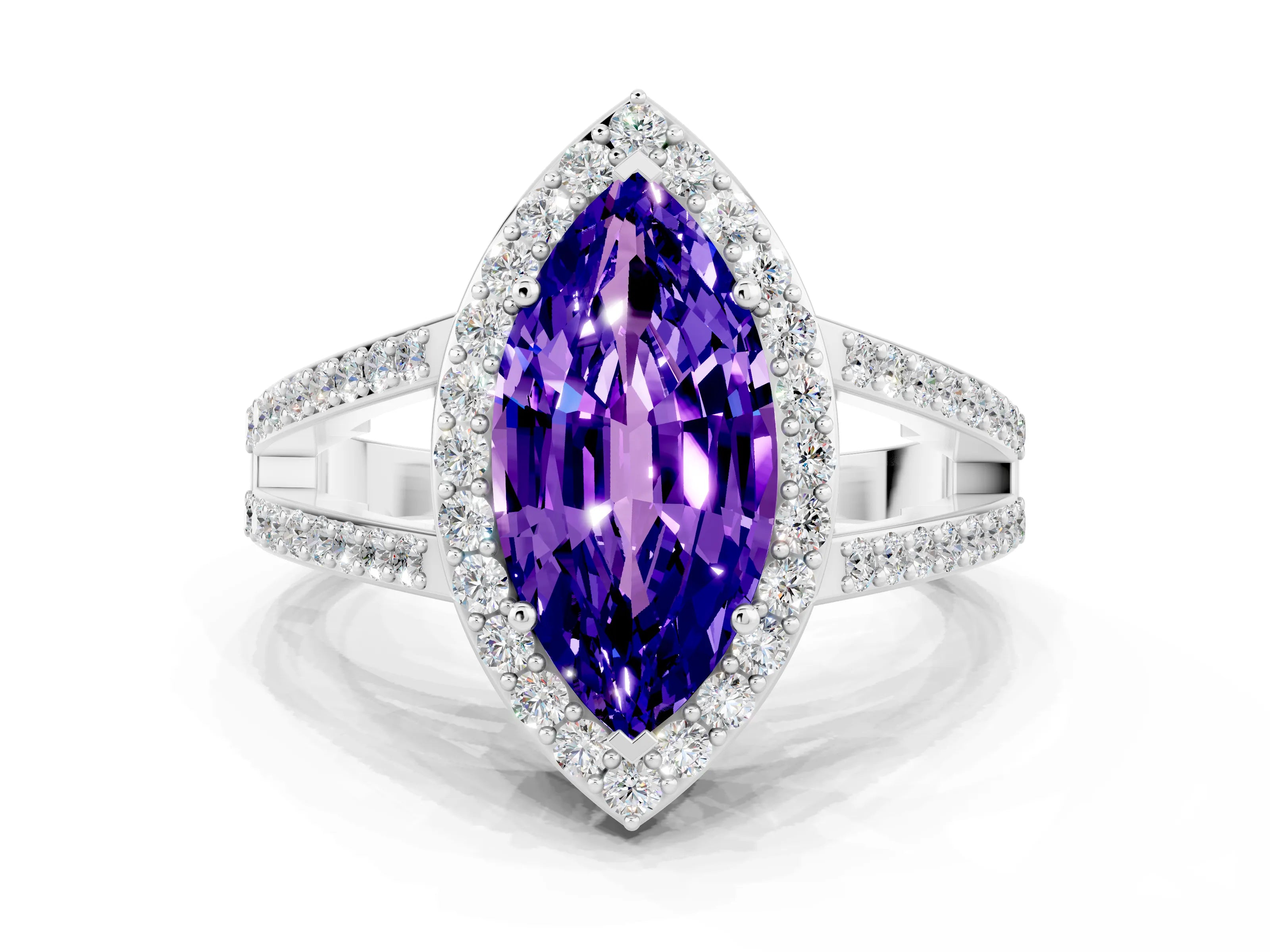 White gold Marquise Cut Tanzanite Halo Ring with Split Shank U-Prong Band and Four-Prong Setting