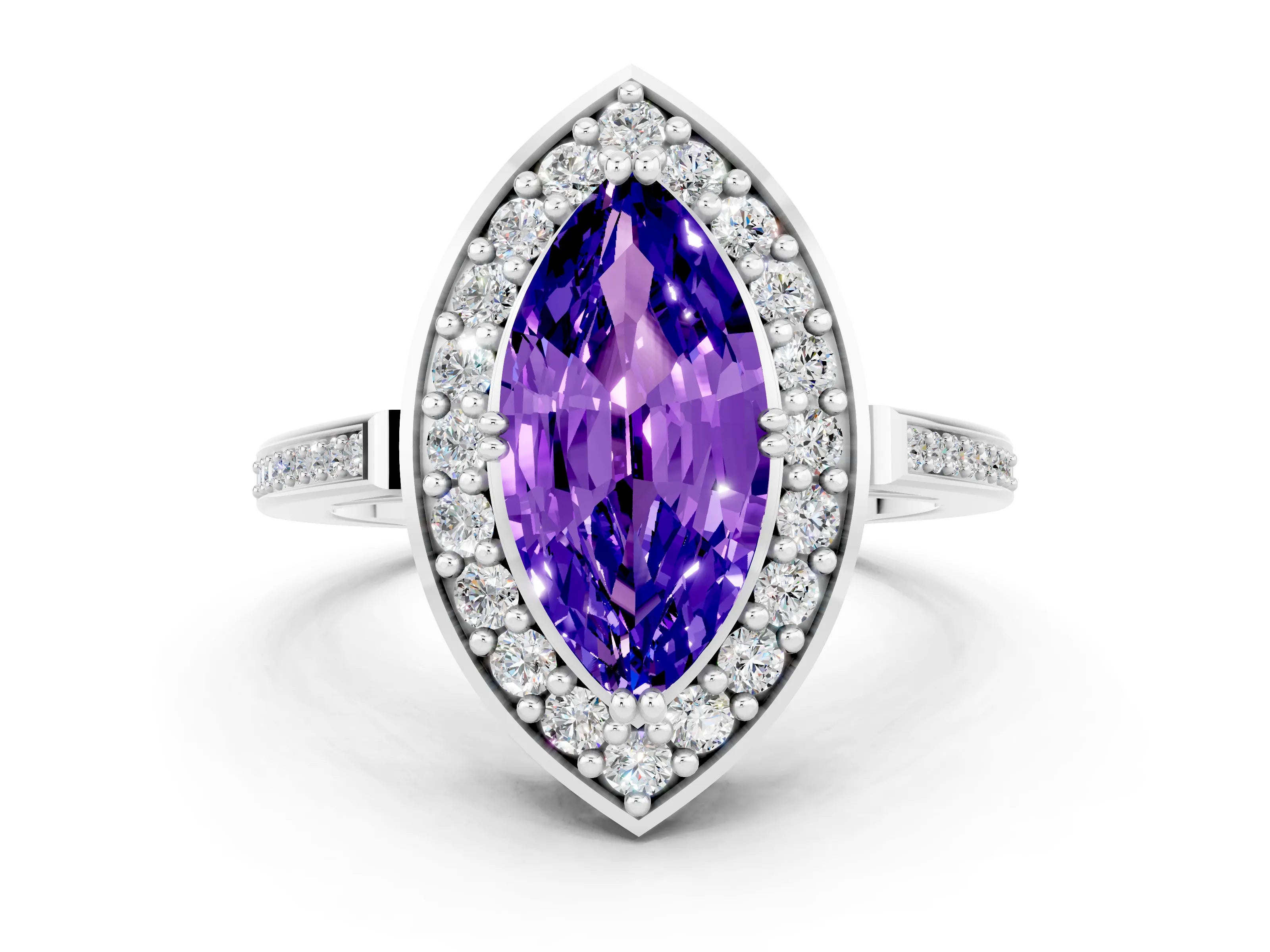 White gold Marquise Cut Tanzanite Halo Ring with Split Shank and Four-Prong Setting
