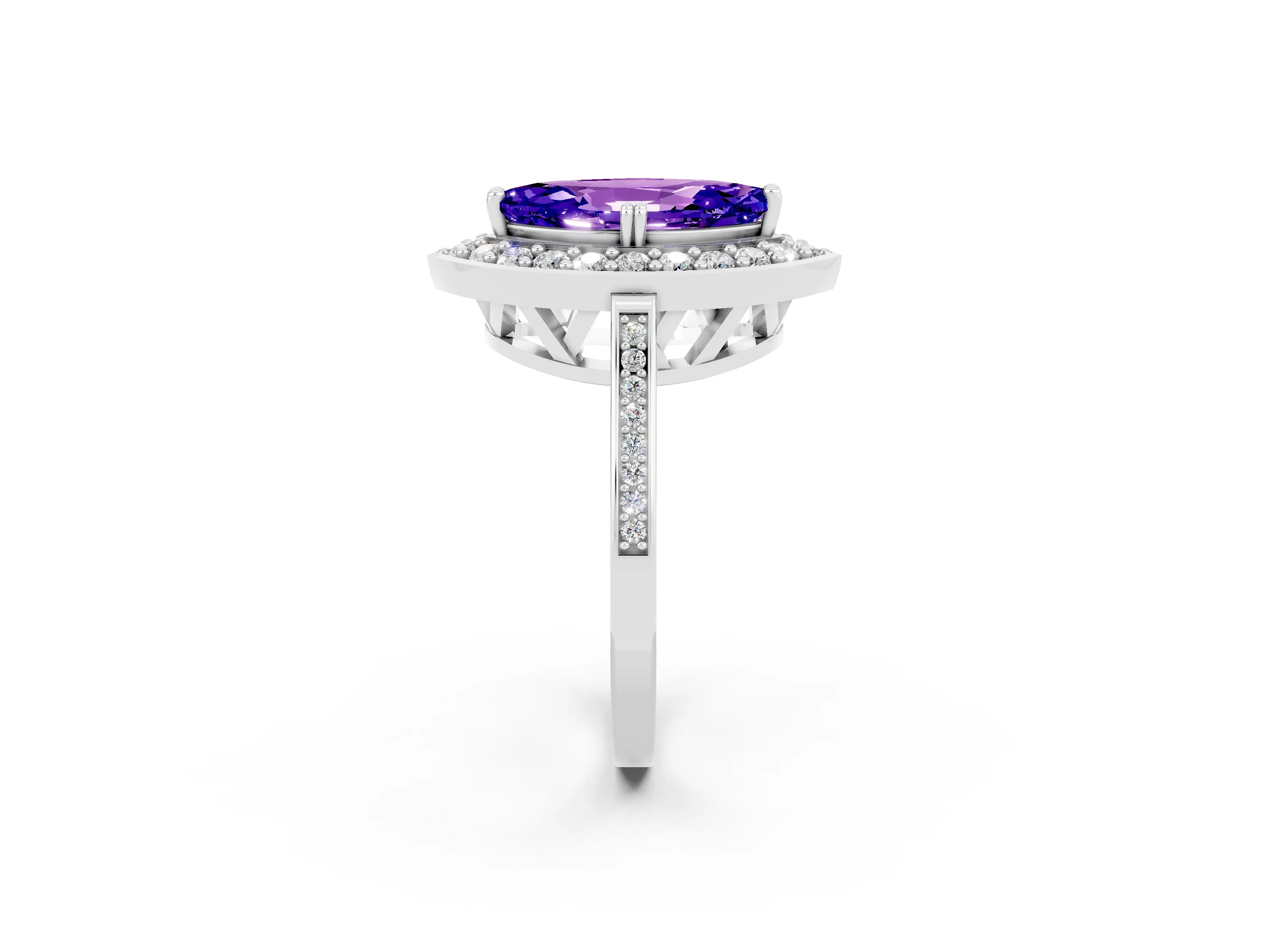 White gold Marquise Cut Tanzanite Halo Ring with Split Shank and Four-Prong Setting_14